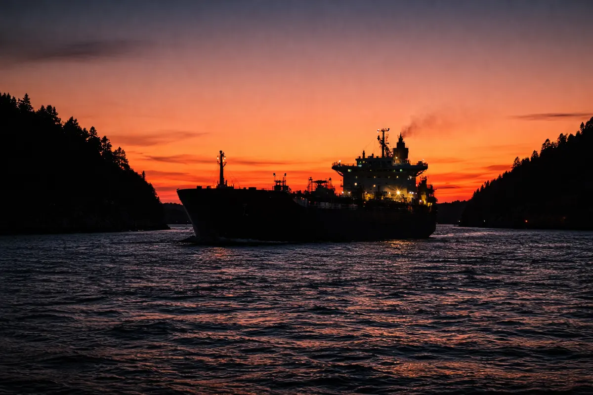 Silhouette d'un tanker industriel dans un détroit au coucher du soleil