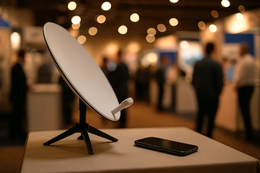 Antenne satellite et smartphone au Mobile World Congress — illustration Europe-Business-News
