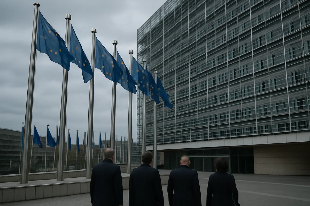 Vue extérieure du siège de la Commission européenne à Bruxelles, drapeaux de l'Union européenne