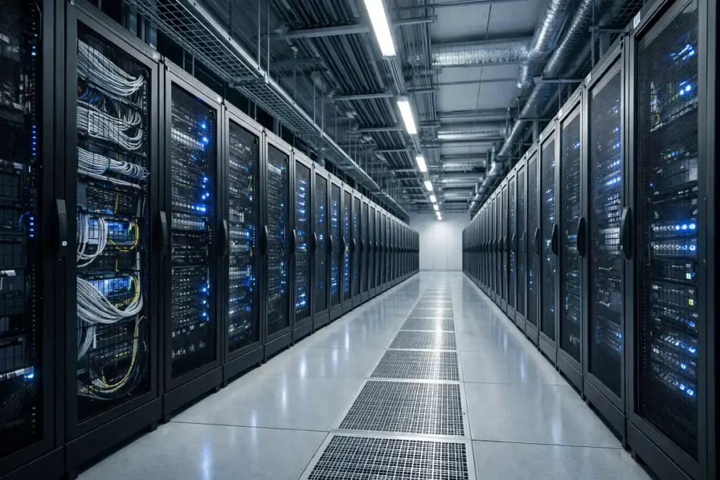 Rangées de serveurs illuminés dans un data center scandinave