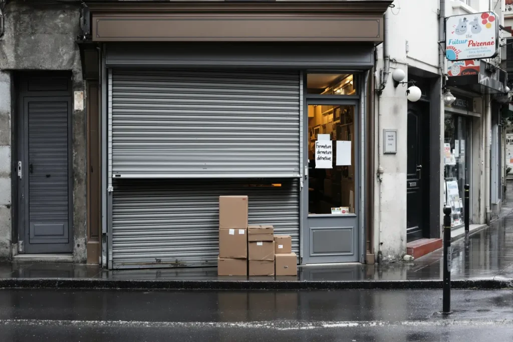 Commerce fermé avec rideau baissé — faillites d'entreprises en France 2025