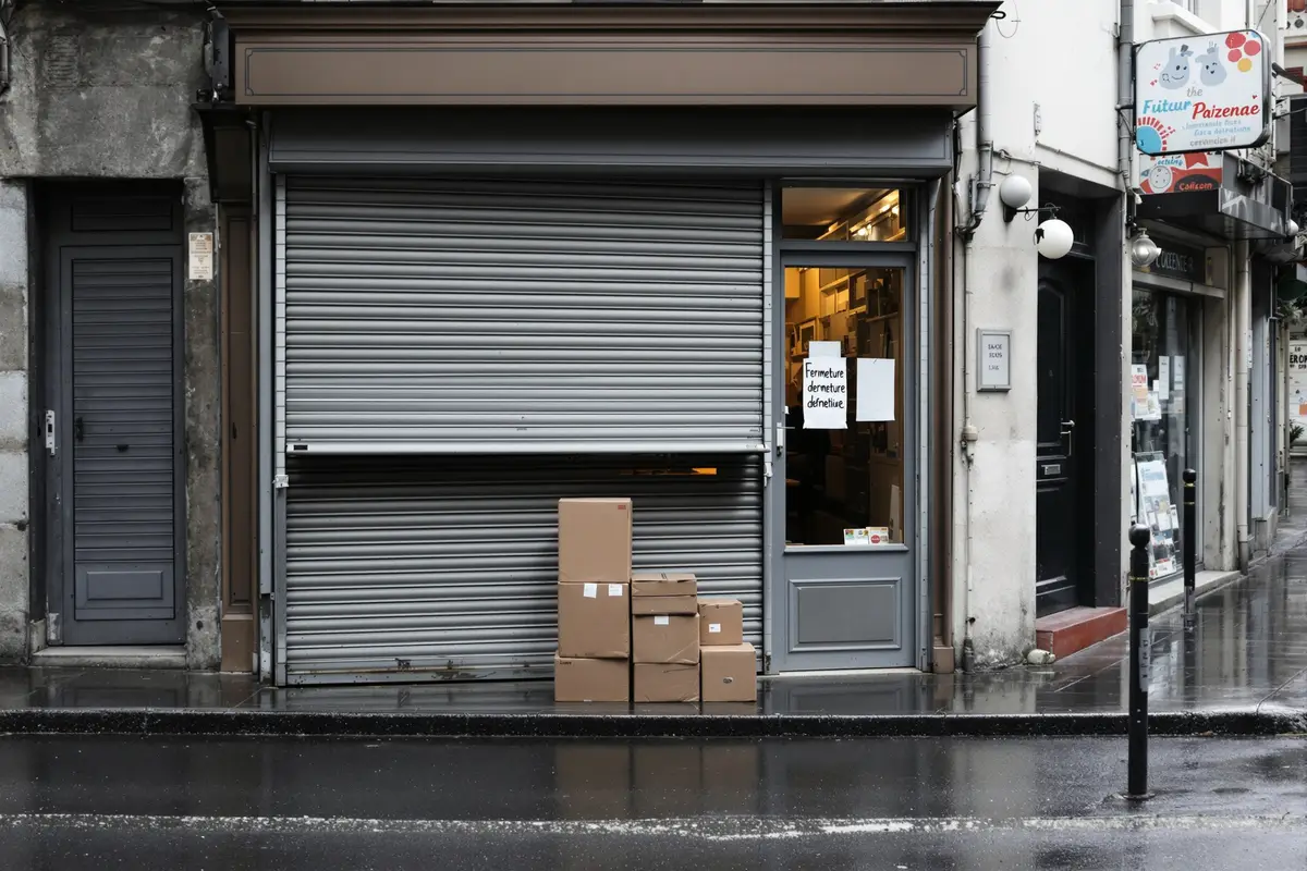 Commerce fermé avec rideau baissé — faillites d'entreprises en France 2025