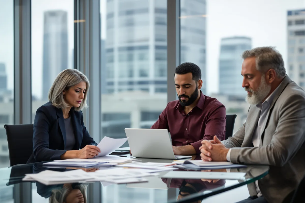 Réunion de dirigeants dans une salle de conseil — rachat SFR Bouygues Free Orange