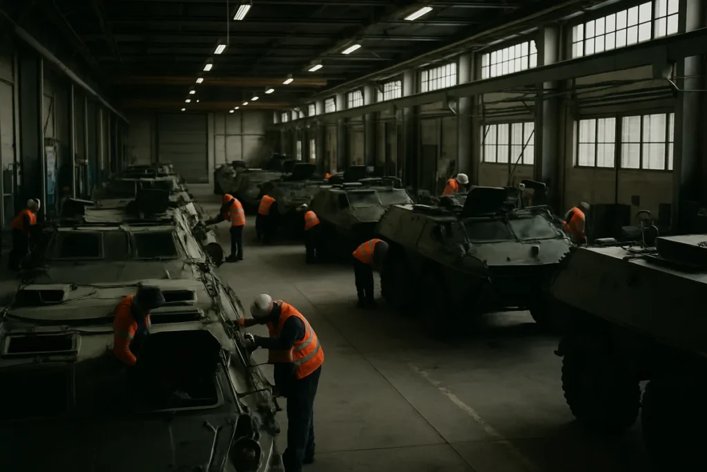 Usine de défense européenne, véhicules blindés en maintenance