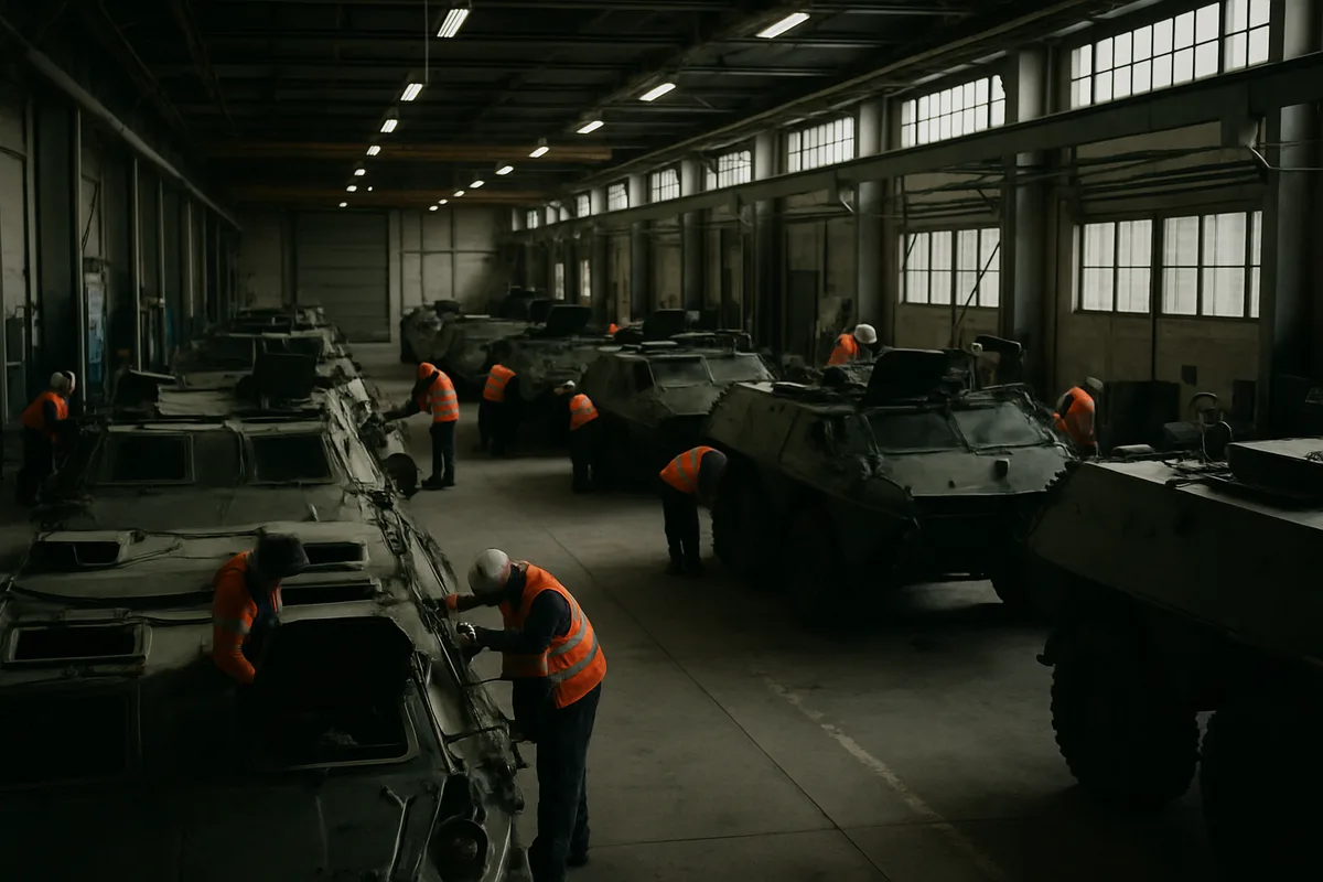 Usine de défense européenne, véhicules blindés en maintenance