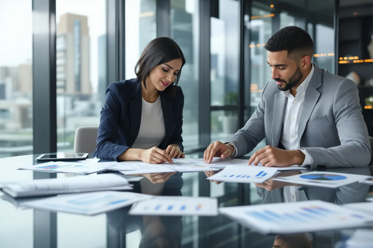 Conseillers financiers en réunion de travail sur des dossiers M&A