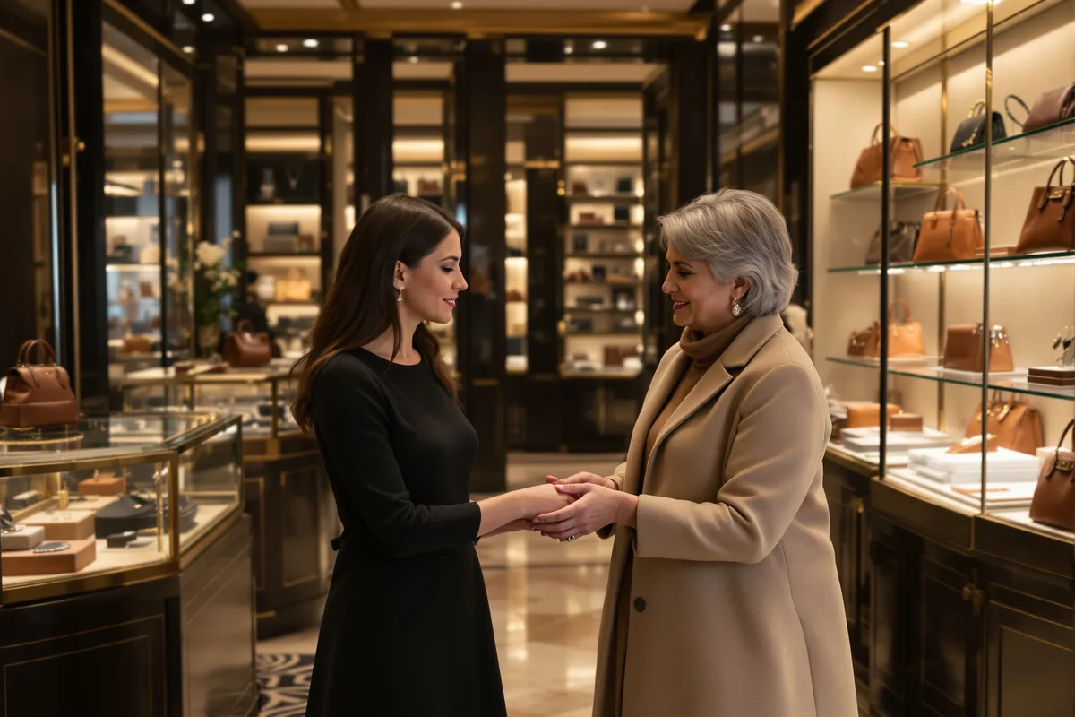 Boutique de luxe LVMH avec conseillère et cliente