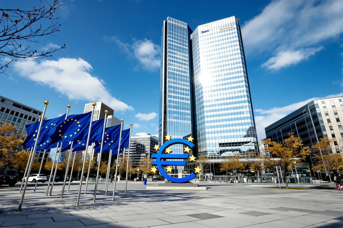 Siège de la Banque centrale européenne à Francfort, drapeau européen et sculpture de l'Euro