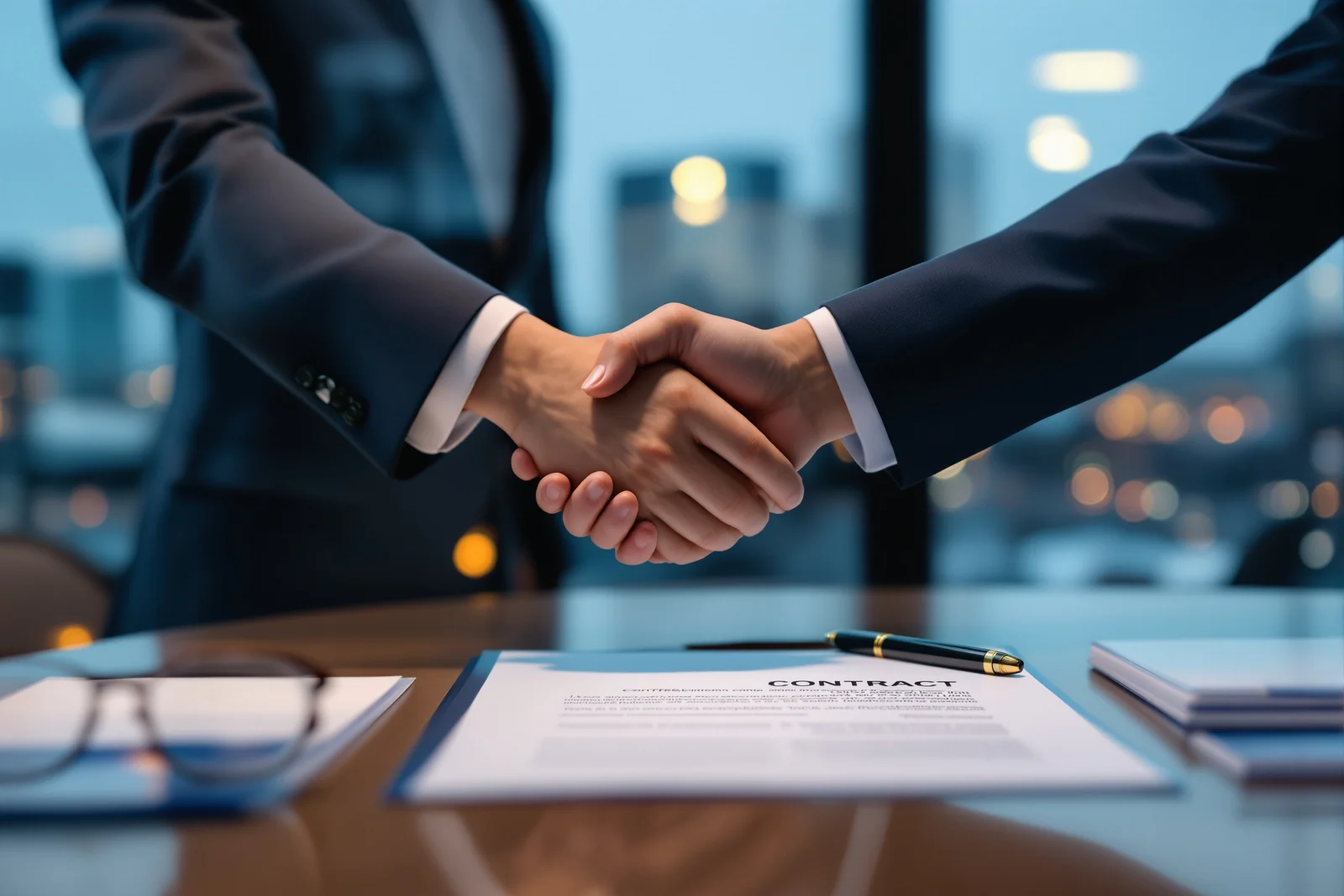 Cession d'entreprise : signature de contrat entre cédant et repreneur dans un bureau professionnel