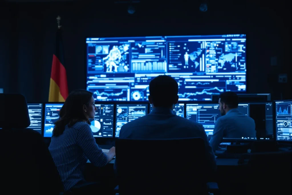 Salle d'analyse de renseignement avec écrans de données — illustration