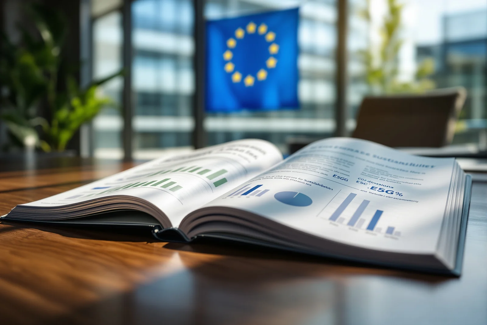 Rapport de durabilité CSRD ouvert sur un bureau avec graphiques ESG, drapeau européen en arrière-plan