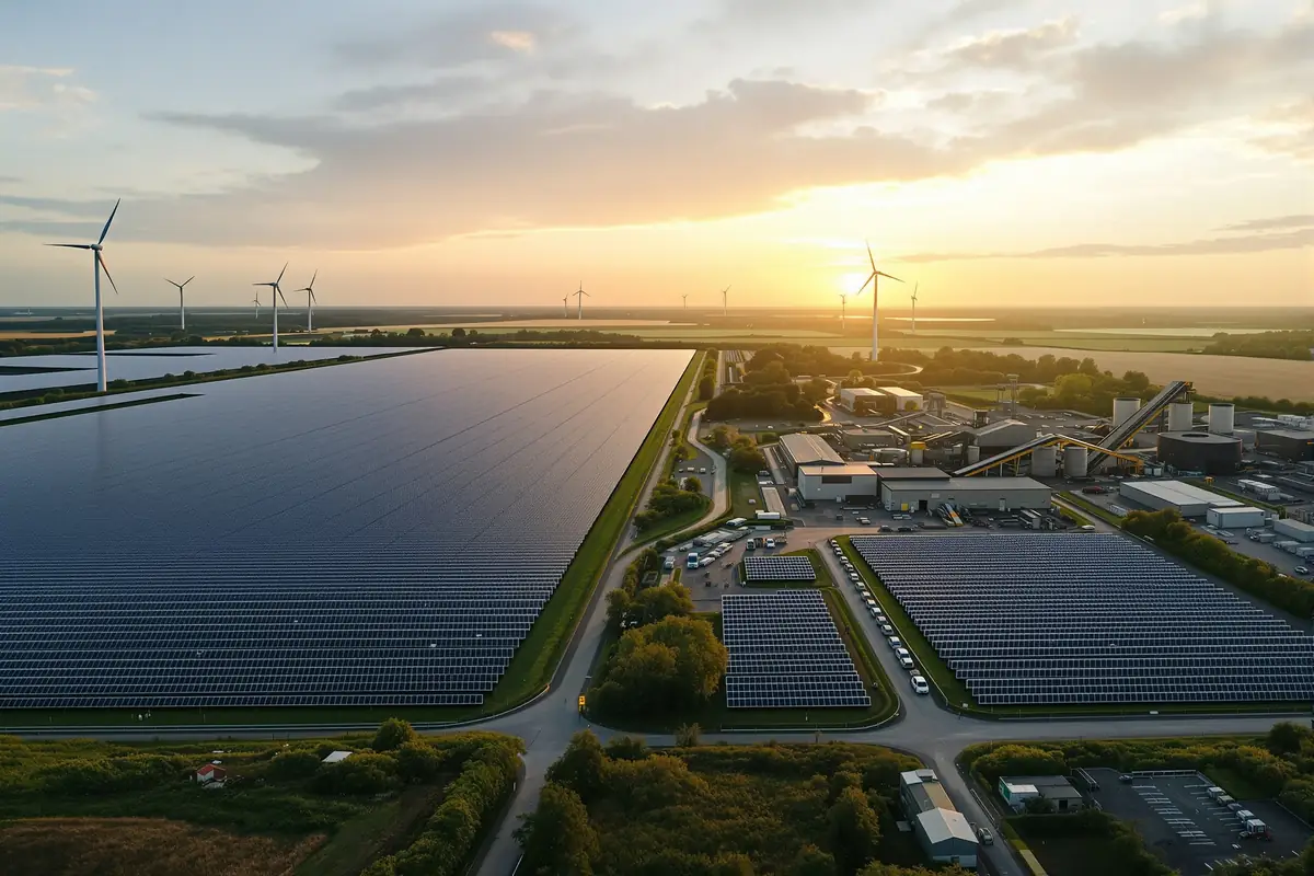 Vue aérienne d'installations solaires et d'un centre de tri illustrant l'économie verte de l'UE.