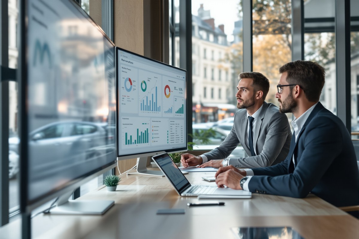 Cadre dirigeant consultant des dashboards de gestion des temps et workforce management dans un bureau moderne européen