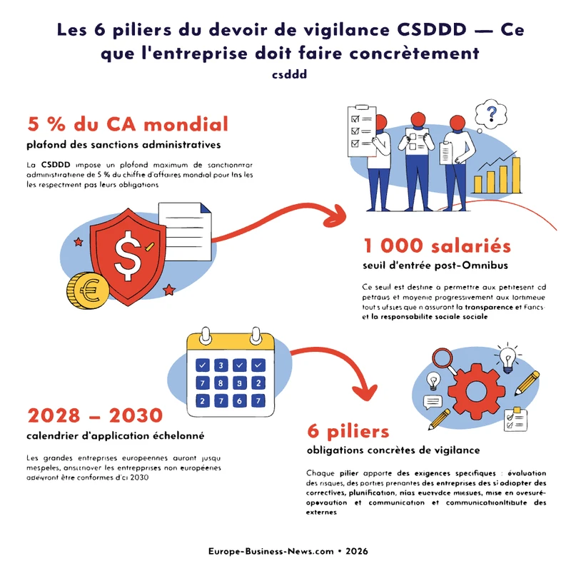 infographie les 6 piliers du devoir de vigilance csddd — ce que l'entreprise doit faire concrètement