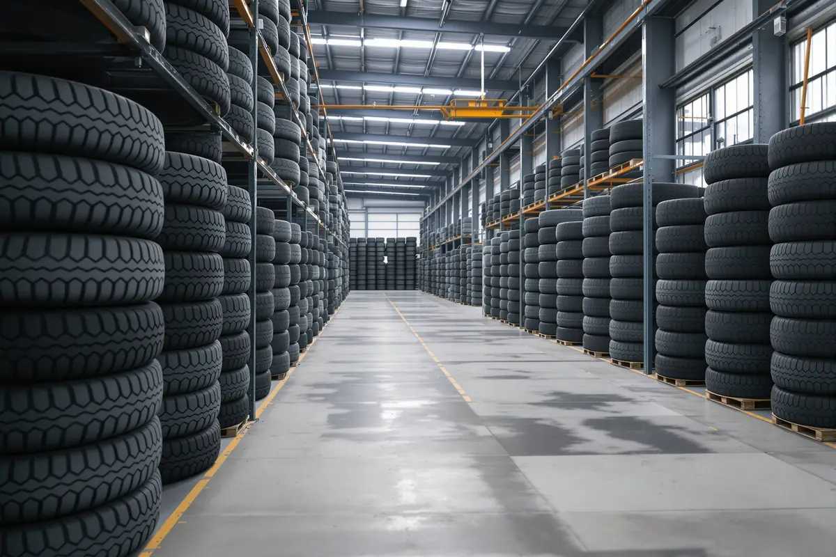 Rangées de pneus stockés dans un entrepôt industriel