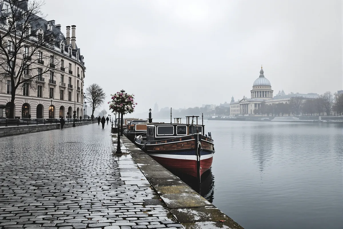 Quai de Seine à Paris au petit matin, deux péniches amarrées, façades haussmanniennes en arrière-plan