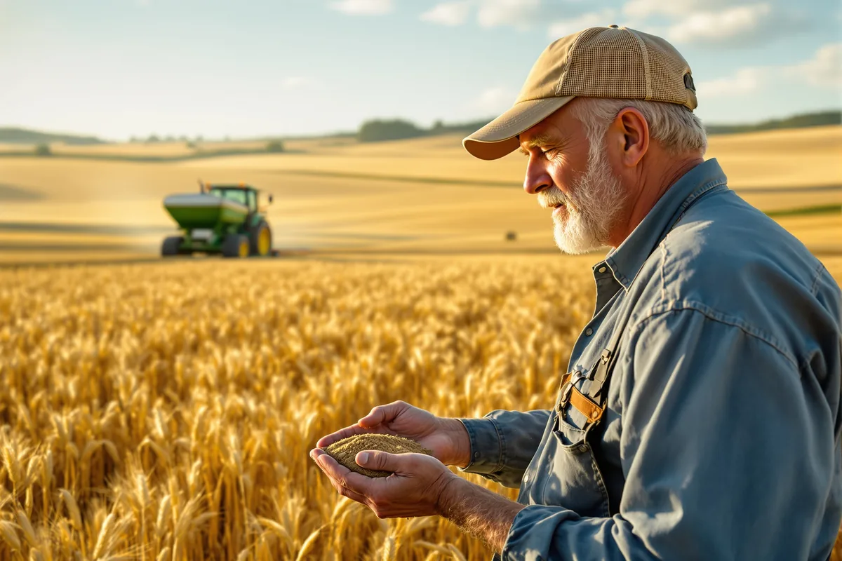 Agriculteur dans un champ de céréales, tracteur épandeur en arrière-plan