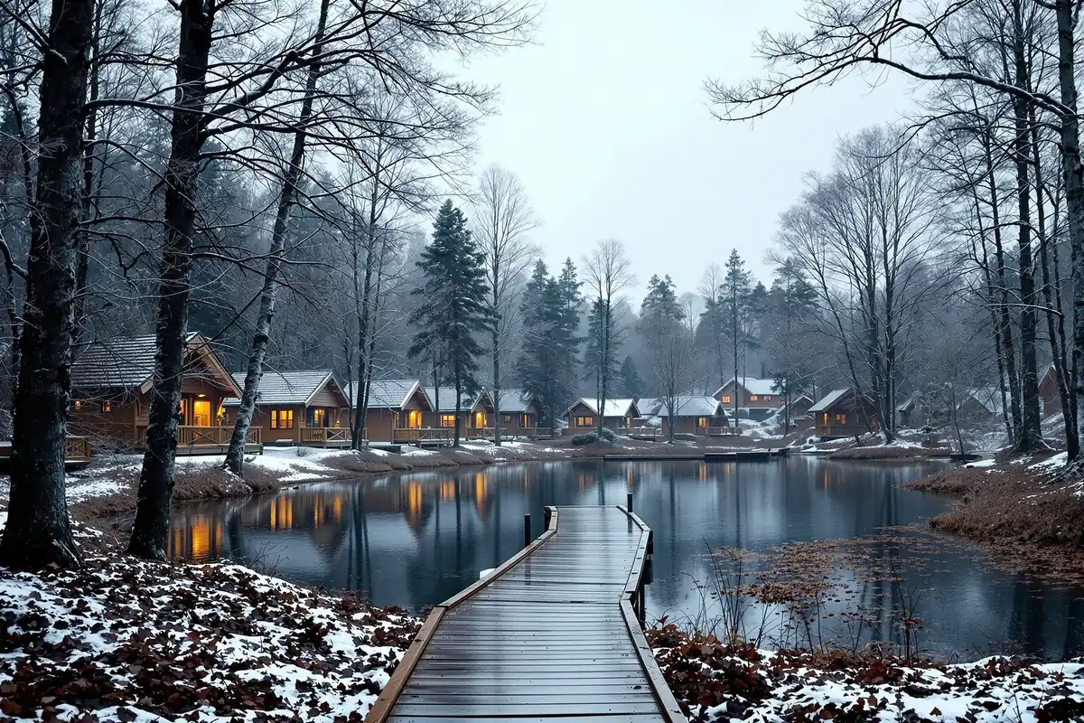 Village de vacances avec chalets en bois au bord d'un lac en hiver