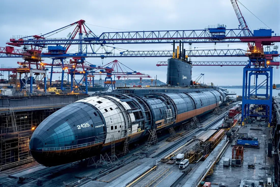 Coque de sous-marin nucléaire en construction sur cale dans un chantier naval français