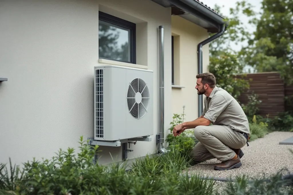 Pompe à chaleur air/eau installée contre la façade d'une maison, vérifiée par un technicien