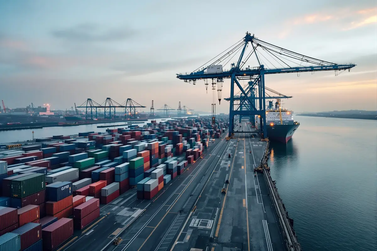 Terminal à conteneurs et grues portuaires symbolisant l'accord de libre-échange UE-Inde