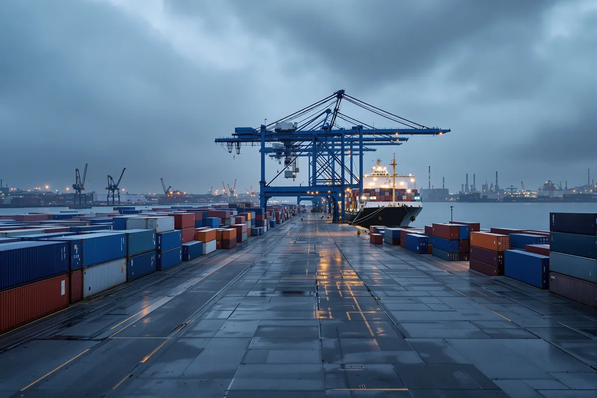 Port de commerce, conteneurs et grue portique illustrant l'export français