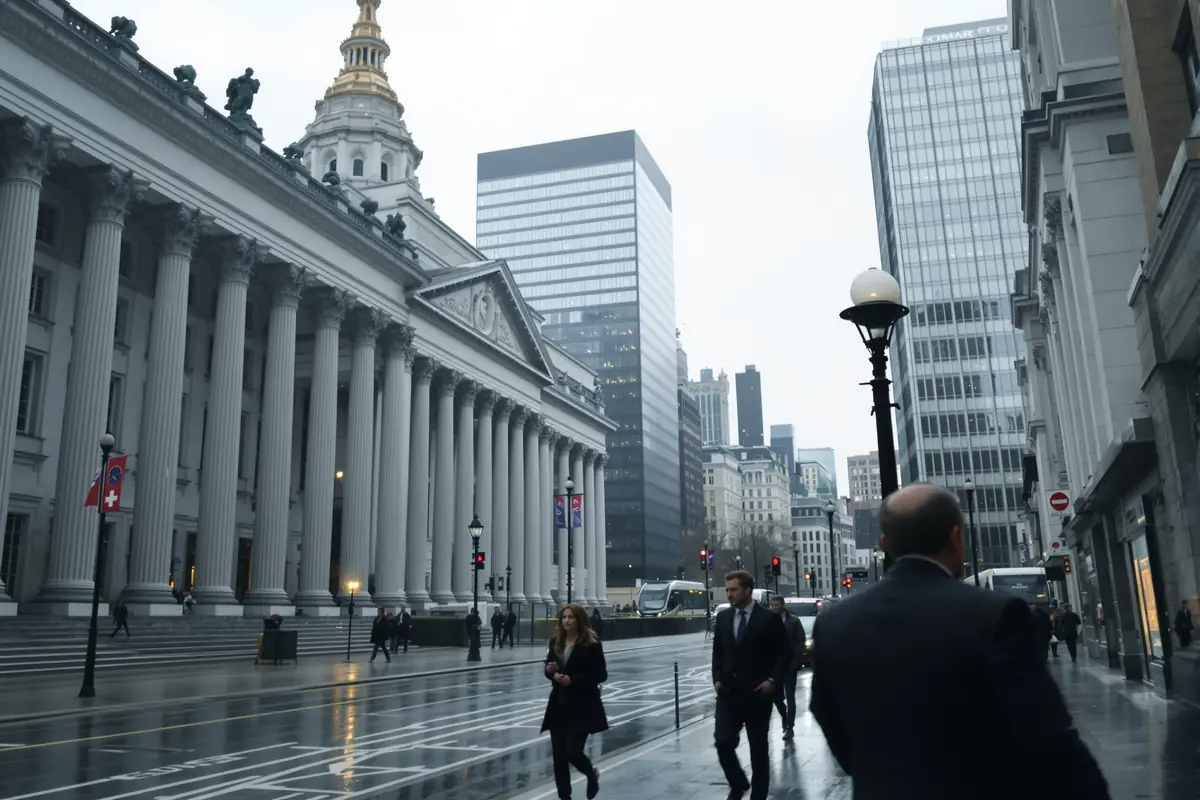 Quartier financier de la City de Londres sous un ciel gris, façades classiques et tours de bureaux