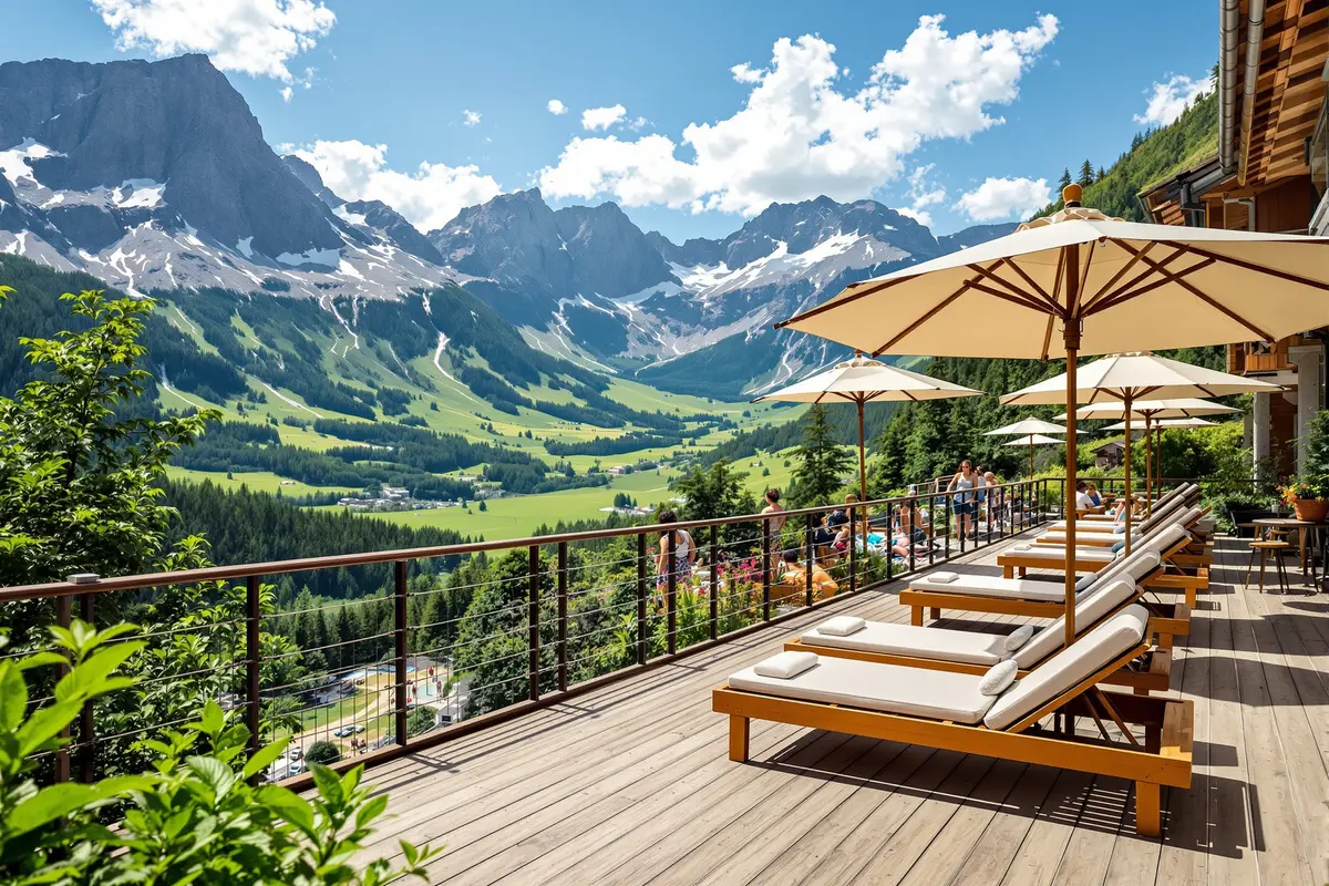 Terrasse d'un resort de montagne avec transats et parasols face aux sommets, illustration Club Med