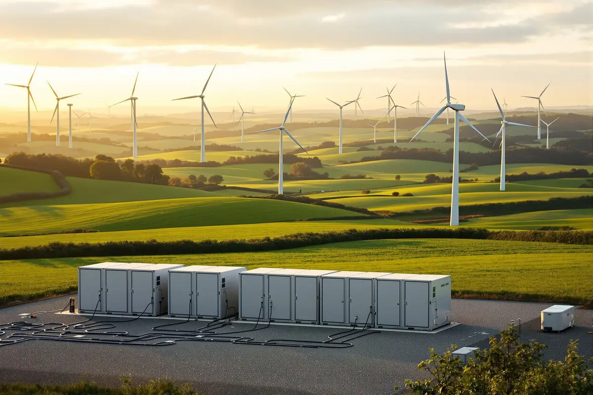 Parc éolien et conteneurs de stockage par batteries en France