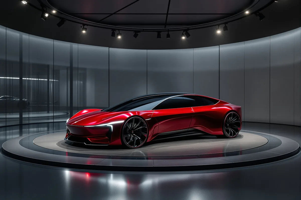 Voiture de sport électrique rouge exposée dans un showroom automobile haut de gamme