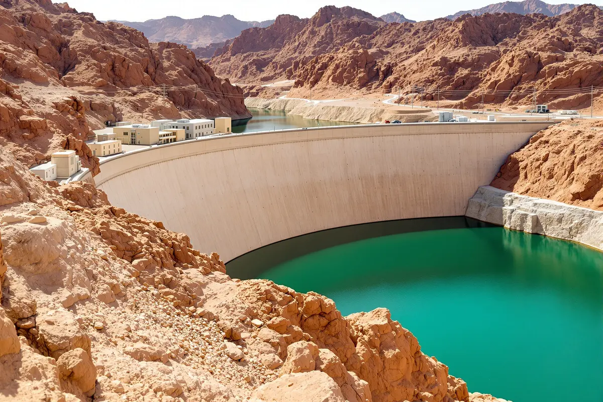 Barrage et réservoir dans un paysage rocheux aride, illustration du contrat EDF à Oman