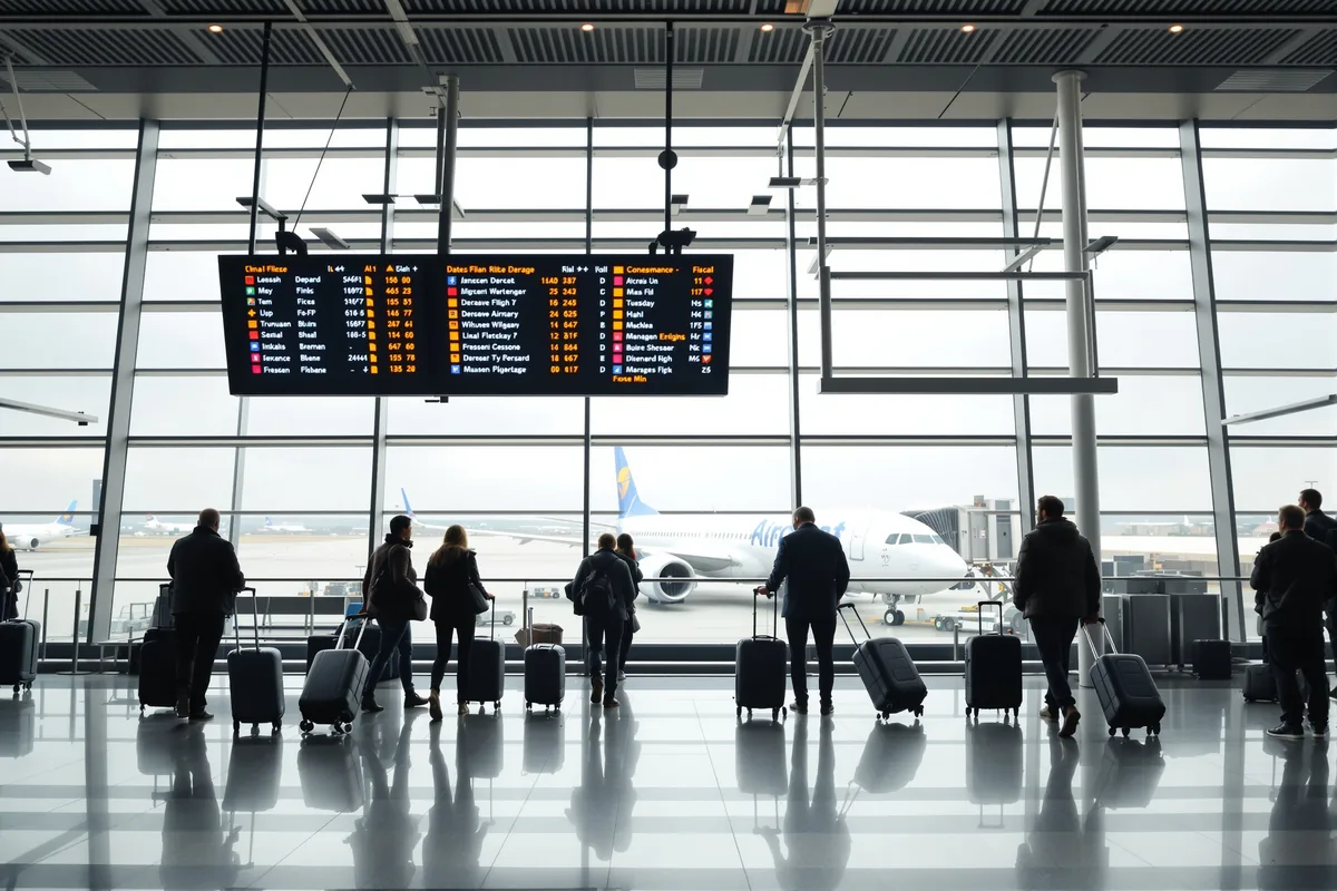 Passagers avec valises devant un tableau des departs dans un aeroport europeen