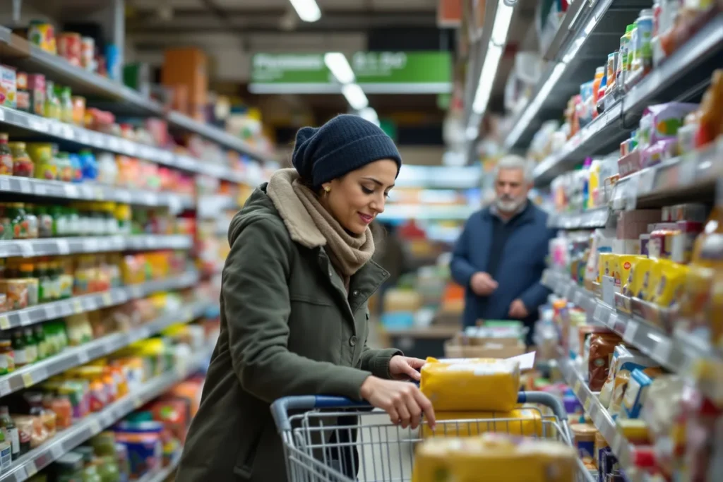 Inflation en zone euro : une consommatrice vérifie les prix en supermarché