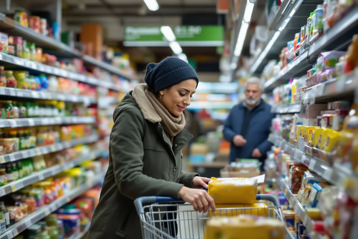 Inflation en zone euro : une consommatrice vérifie les prix en supermarché