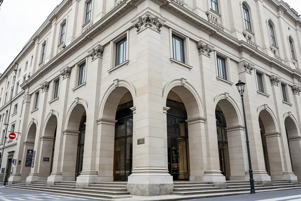 Façade d'un grand immeuble bancaire néoclassique européen