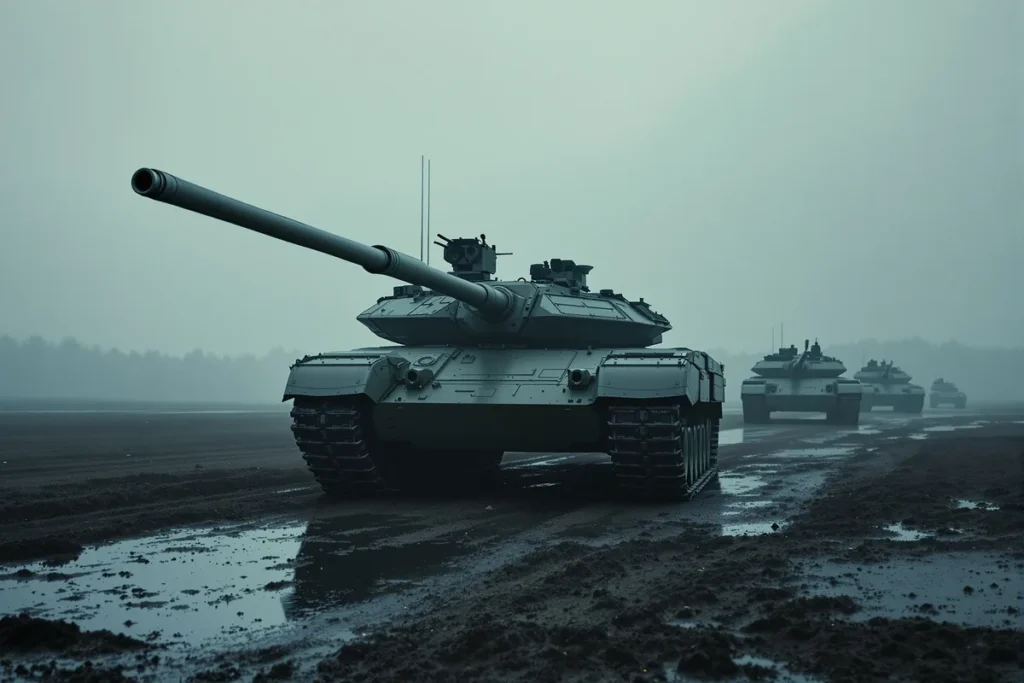 Char de combat sur un terrain d'entraînement brumeux, illustrant l'entrée de l'Allemagne au capital de KNDS
