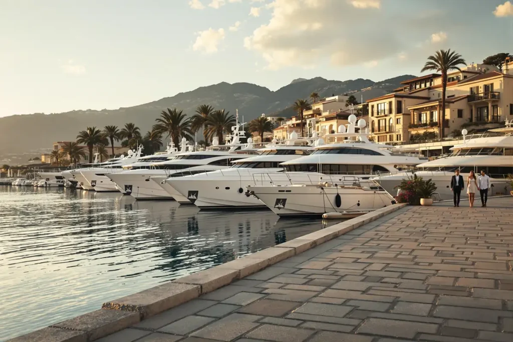 Yachts amarres dans une marina mediterraneenne au coucher du soleil