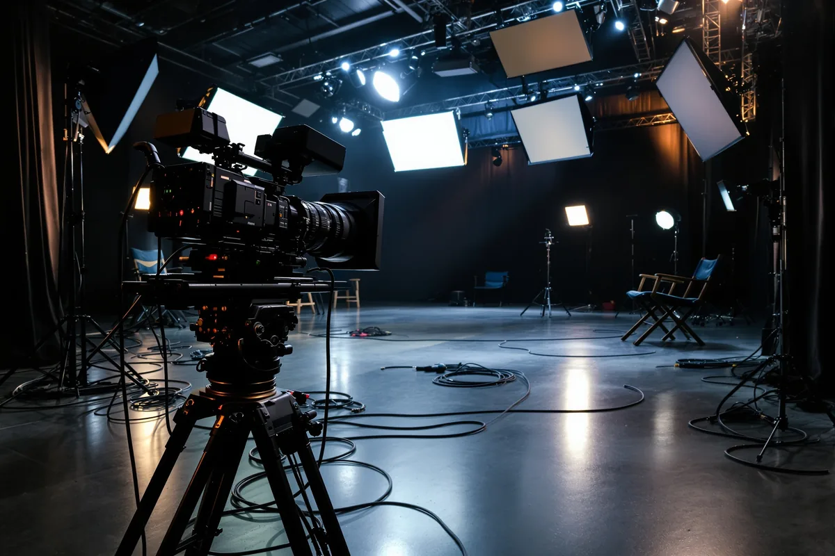 Caméra de cinéma et éclairages sur un plateau de tournage en studio