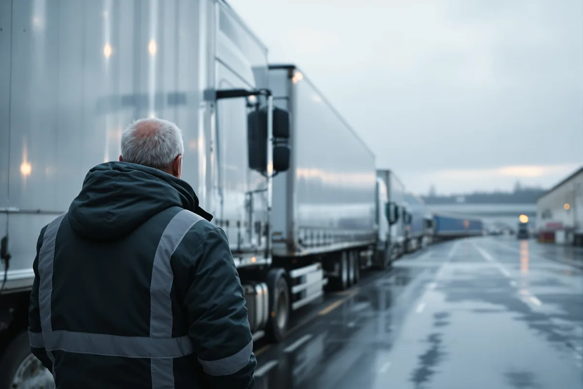 Camions alignés sur un dépôt logistique, illustration de la pénurie de chauffeurs routiers en Europe