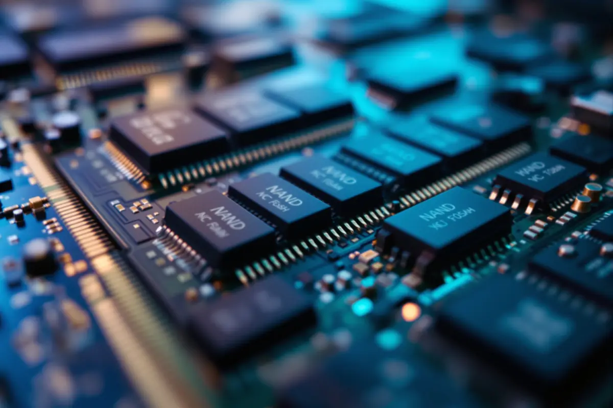 Gros plan macro de puces memoire DRAM et NAND flash sur un circuit imprime