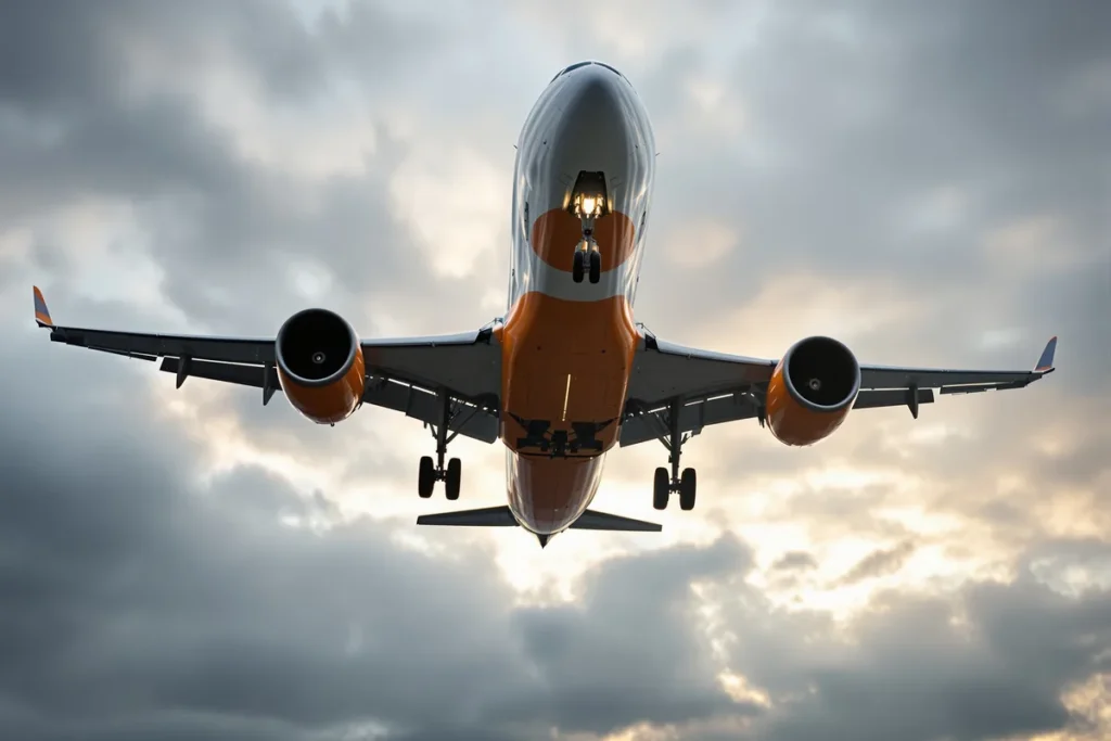 Avion low cost vu de dessous au-dessus d'un ciel nuageux, illustrant le rachat d'easyJet