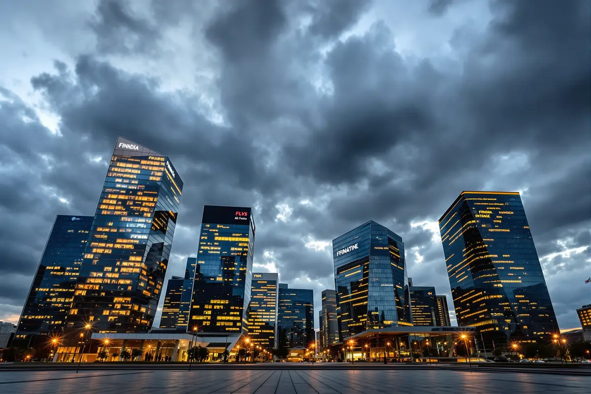 Quartier d'affaires de tours de verre au crépuscule sous un ciel chargé
