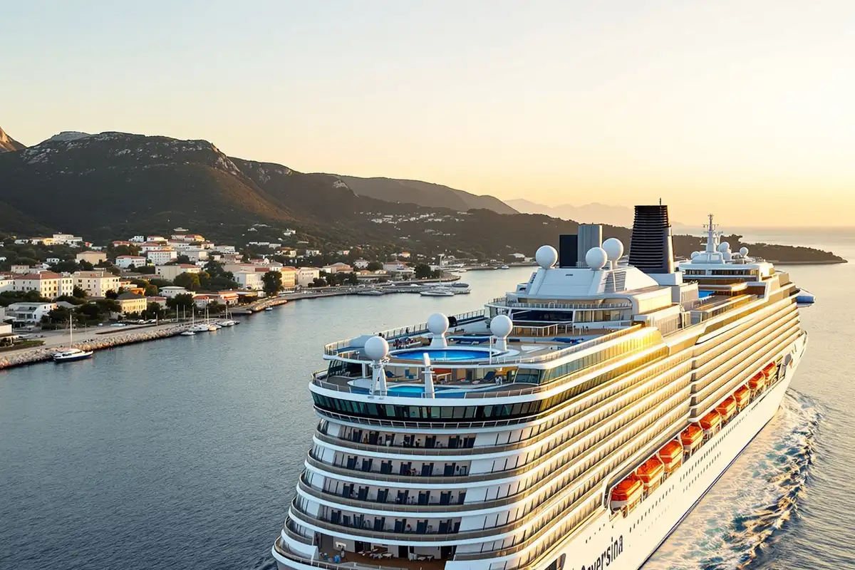 Grand paquebot de croisière quittant un port méditerranéen au coucher du soleil