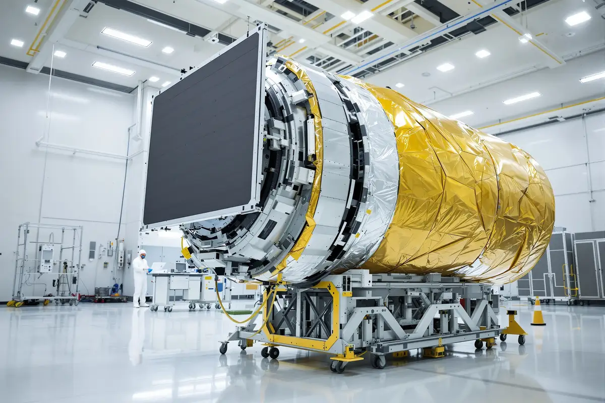 Satellite radar Sentinel-1 NG en salle blanche, technicien en combinaison