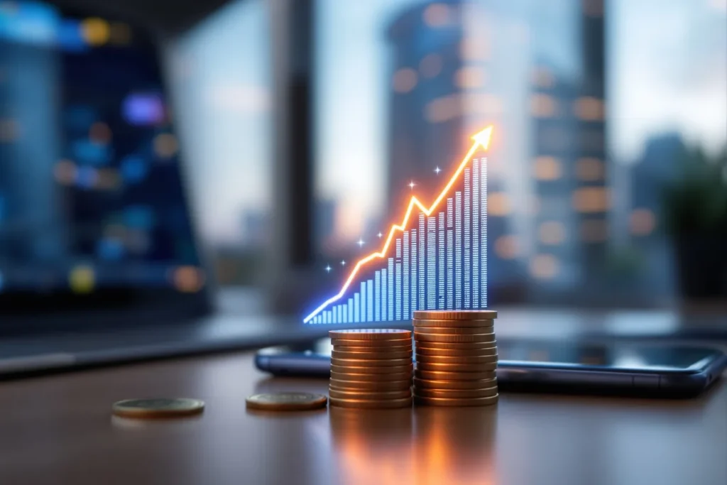 Taxe crypto UE : euros et smartphone affichant un graphique financier sur un bureau
