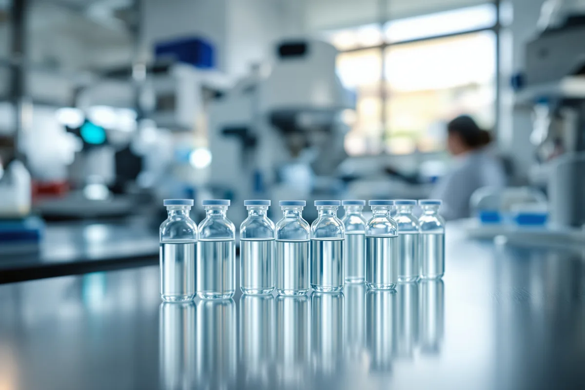 Flacons d'un traitement biologique contre le diabète de type 1 en laboratoire