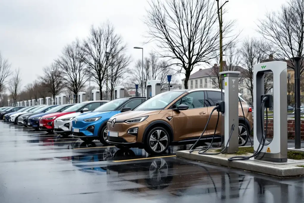 Voitures électriques chinoises et européennes en charge sur une borne publique