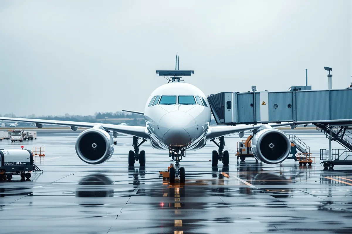 Avion de ligne monocouloir avec antenne satellite sur un tarmac d'aéroport