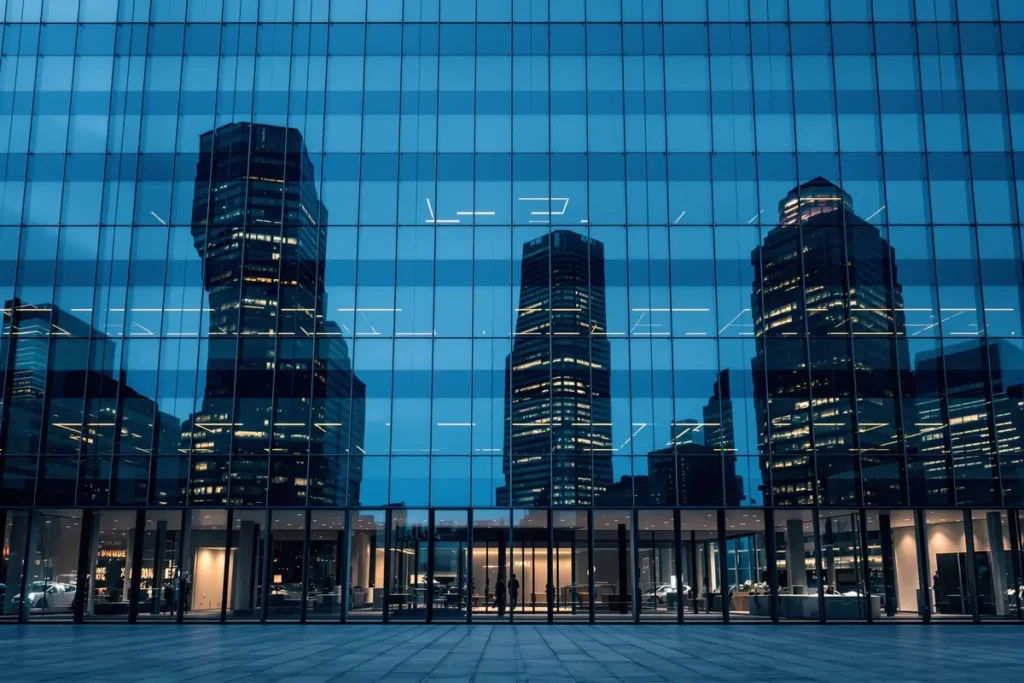 Façade en verre d'une tour bancaire dans un quartier d'affaires européen