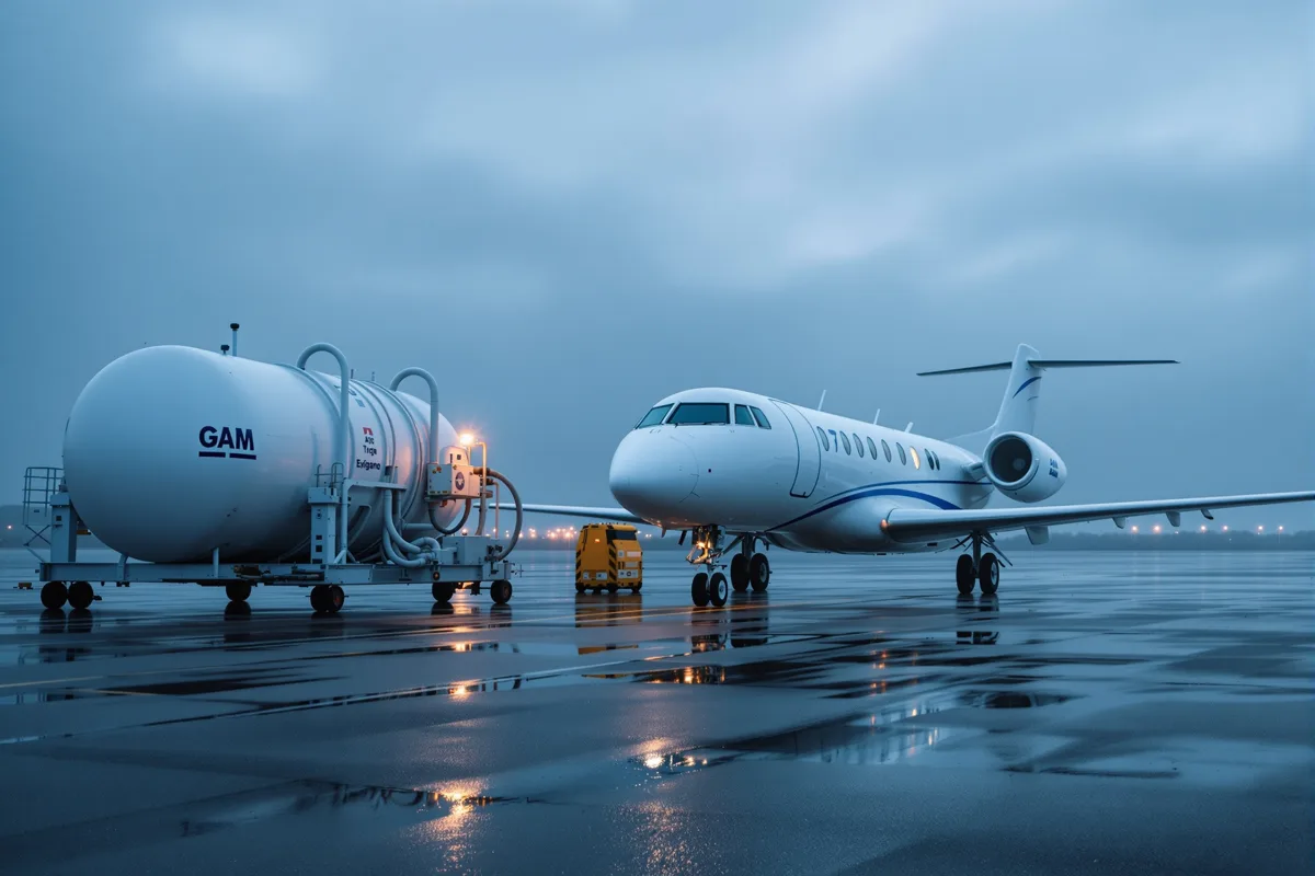 Avion à hydrogène relié à un réservoir cryogénique sur un tarmac